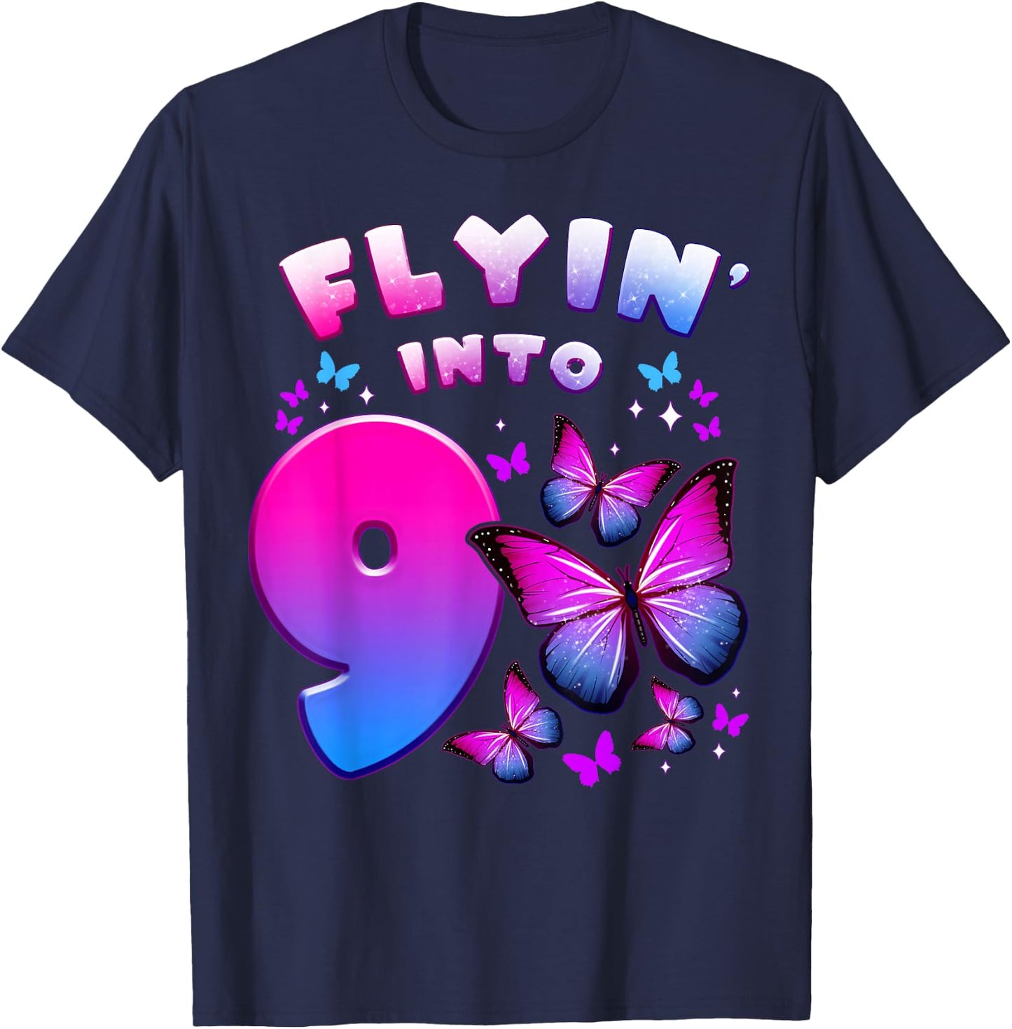 Birthday Girl 9 Year Old, Butterfly, Number 9 T-Shirt - T-Shirt | Navy