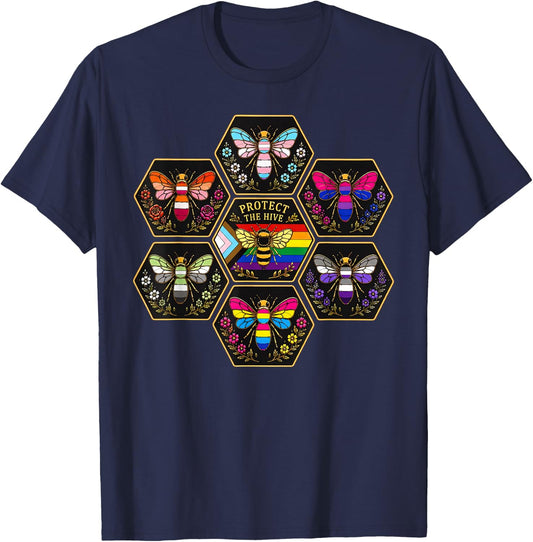 Protect the Hive LGBTQ Bee Bisexual Nature Gay Pride Support T-Shirt - T-Shirt | Navy