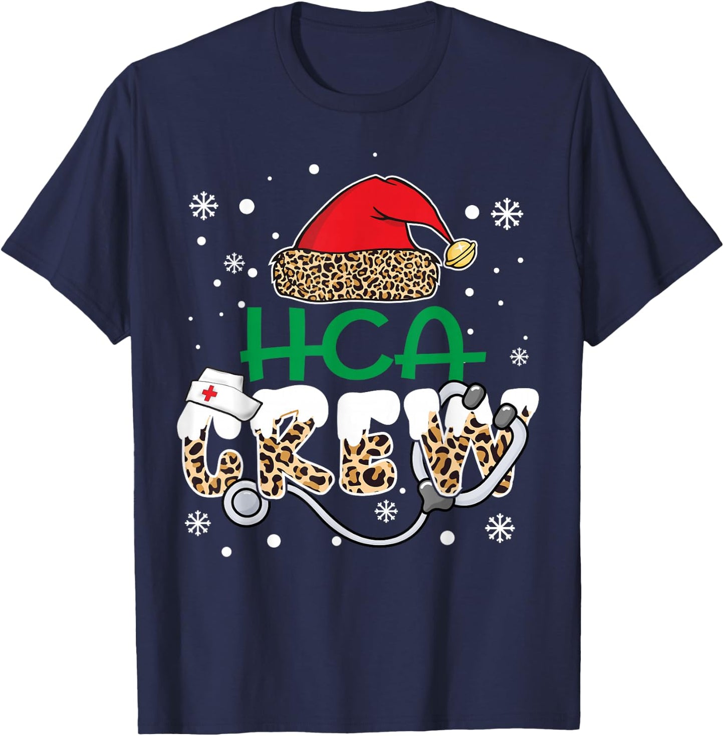 HCA Crew Leopard Santa Hat Stethoscope Funny Nurse Christmas T-Shirt - T-Shirt | Navy