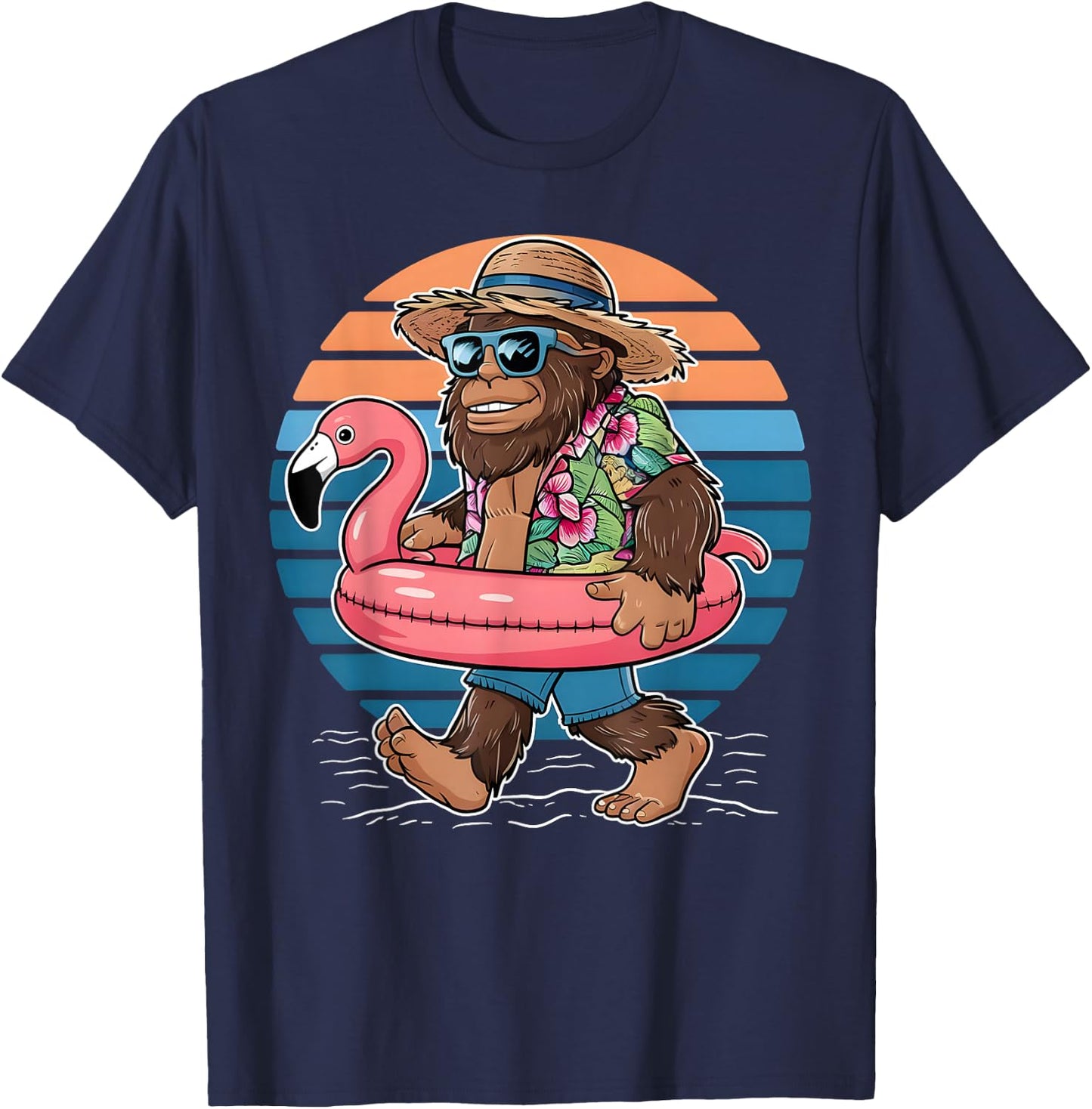 Pool Party Bigfoot Flamingo Men Women Sasquatch Pink T-Shirt - T-Shirt | Navy