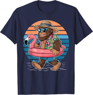 Pool Party Bigfoot Flamingo Men Women Sasquatch Pink T-Shirt - T-Shirt | Navy