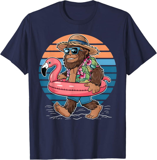 Pool Party Bigfoot Flamingo Men Women Sasquatch Pink T-Shirt - T-Shirt | Navy