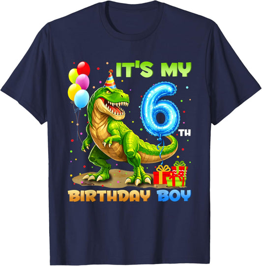 It's My 6th Birthday Happy 6 Year T-Rex Boys Funny Party T-Shirt - T-Shirt | Navy
