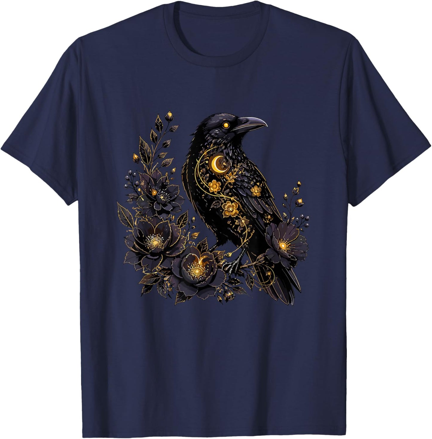 Celestial Raven with Moon and Dark Flowers T-Shirt - T-Shirt | Navy
