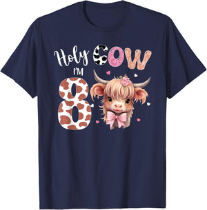 Holy Cow I'm 8 Highland Cow Print Shirt 8th Birthday Girl T-Shirt - T-Shirt | Navy
