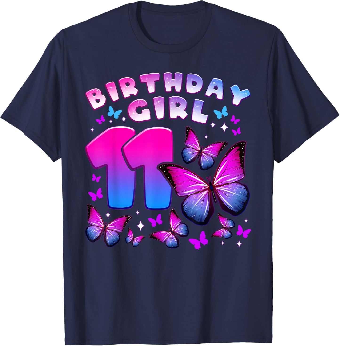 Birthday Girl 11 Years Old Butterfly Number 11 T-Shirt - T-Shirt | Navy