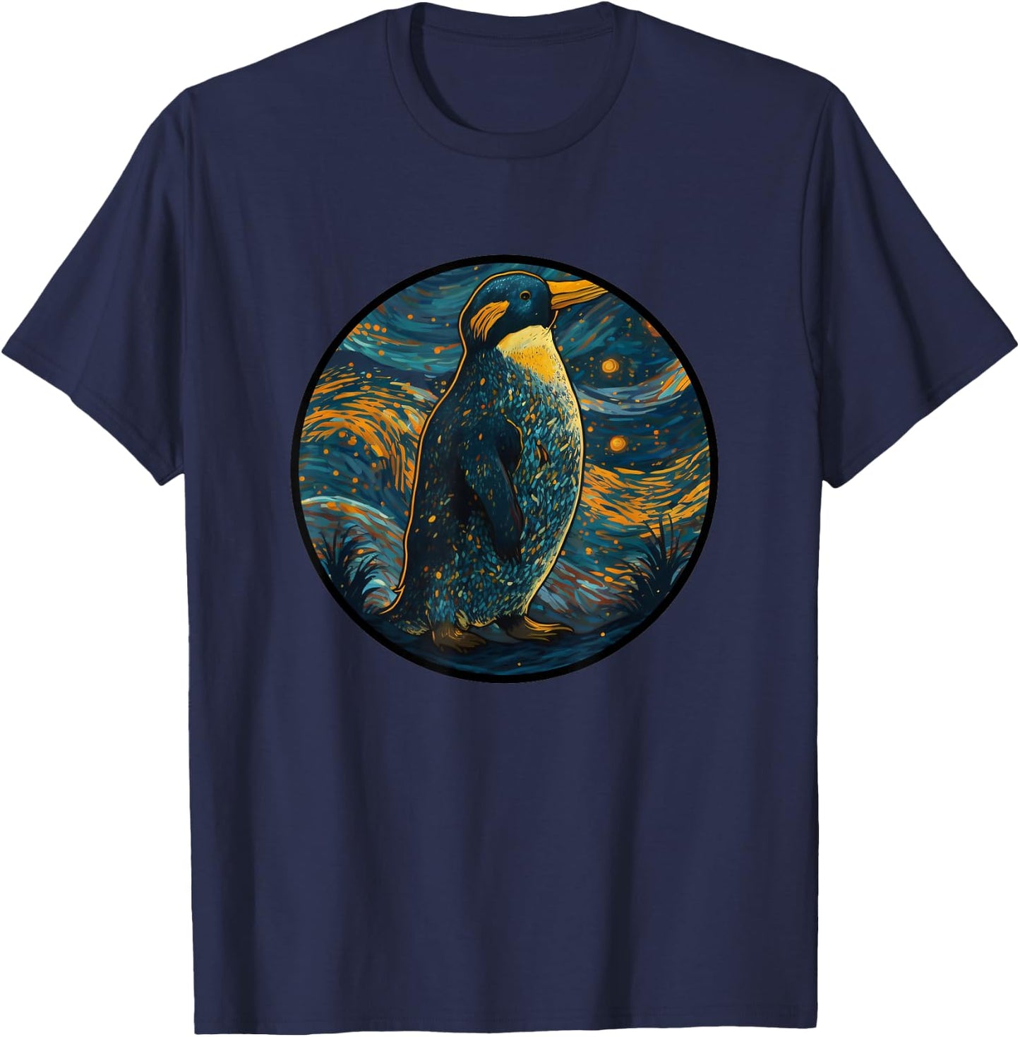 Macaroni Penguin in Starry Night Painting Men Women Kids T-Shirt - T-Shirt | Navy