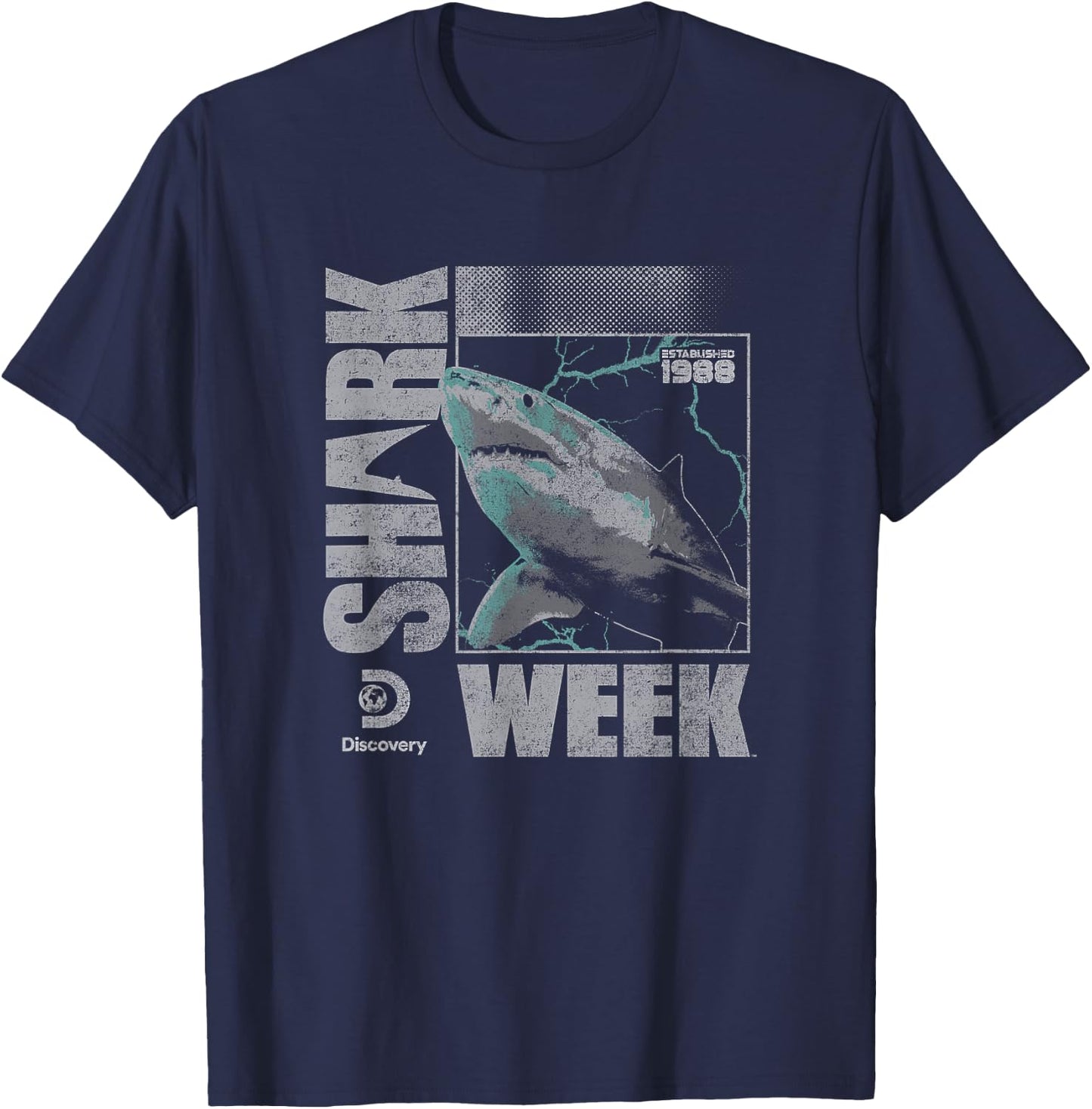 Shark Week Neon Lightning Glitch Great White Eighties Logo T-Shirt - T-Shirt | Navy