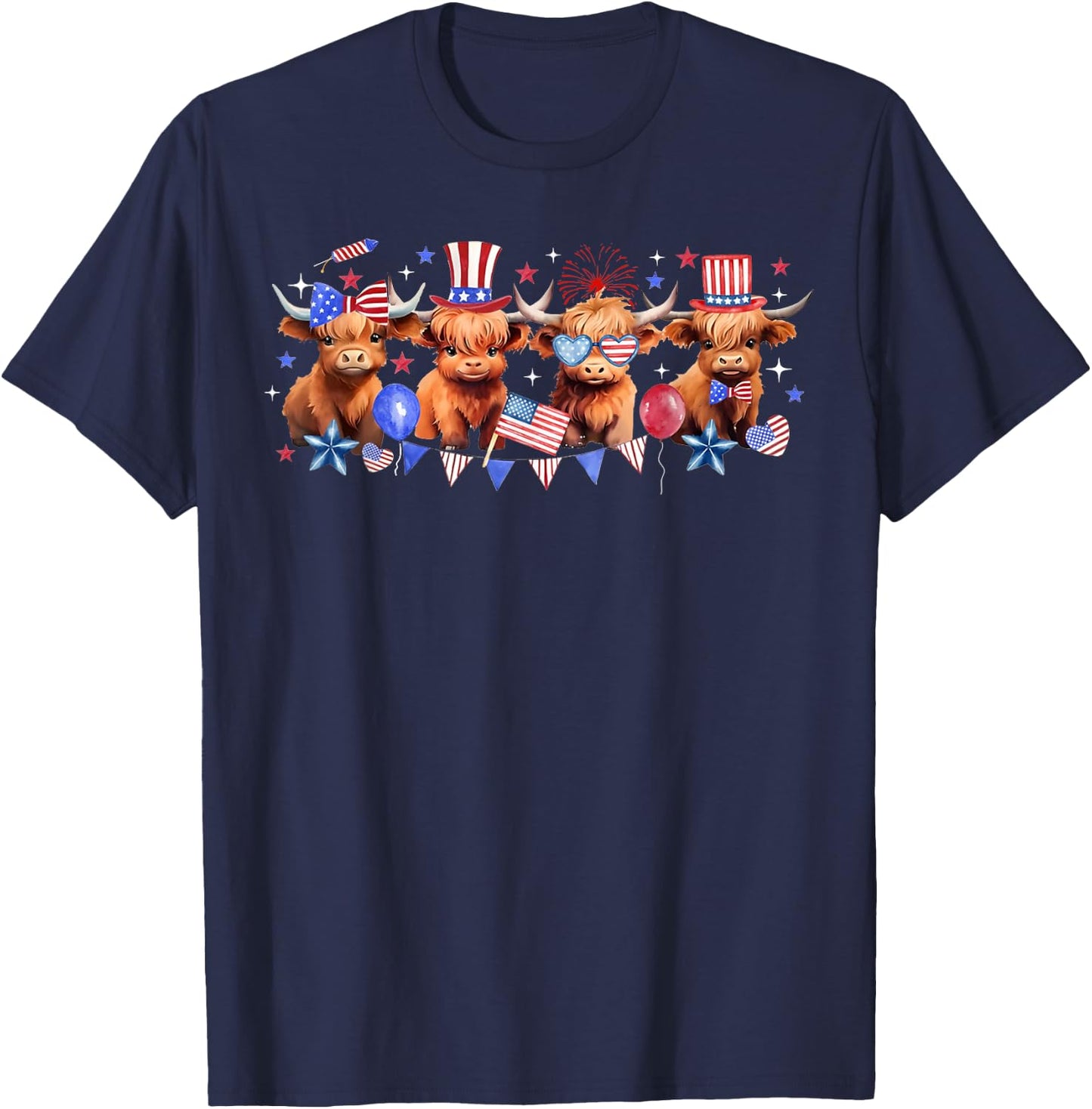 American Flag Highland Cow 4th of July Funny Cows Lover Cool T-Shirt - T-Shirt | Navy