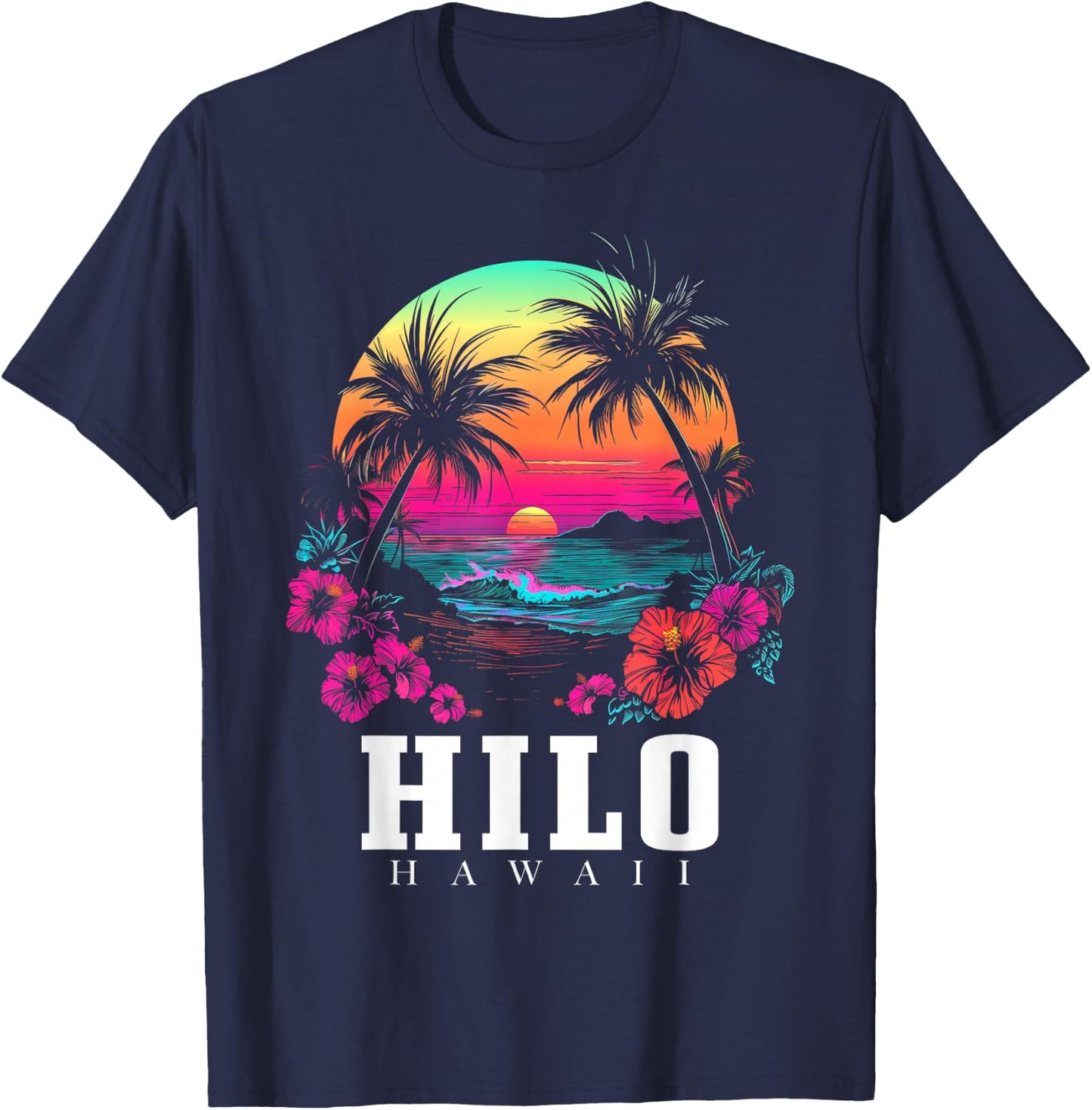 Hilo Hawaii Hawaiian Hibiscus Flowers Surfer Souvenir T-Shirt - T-Shirt | Navy