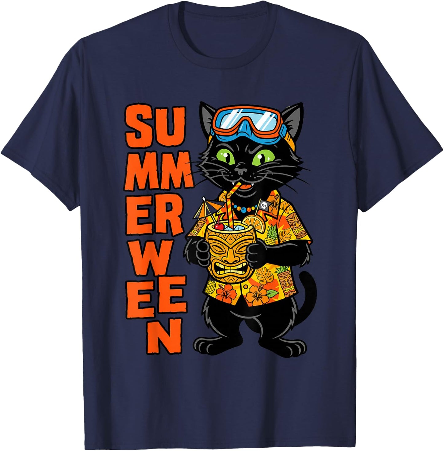 Summerween Cat Tiki Vacation T-Shirt - T-Shirt | Navy
