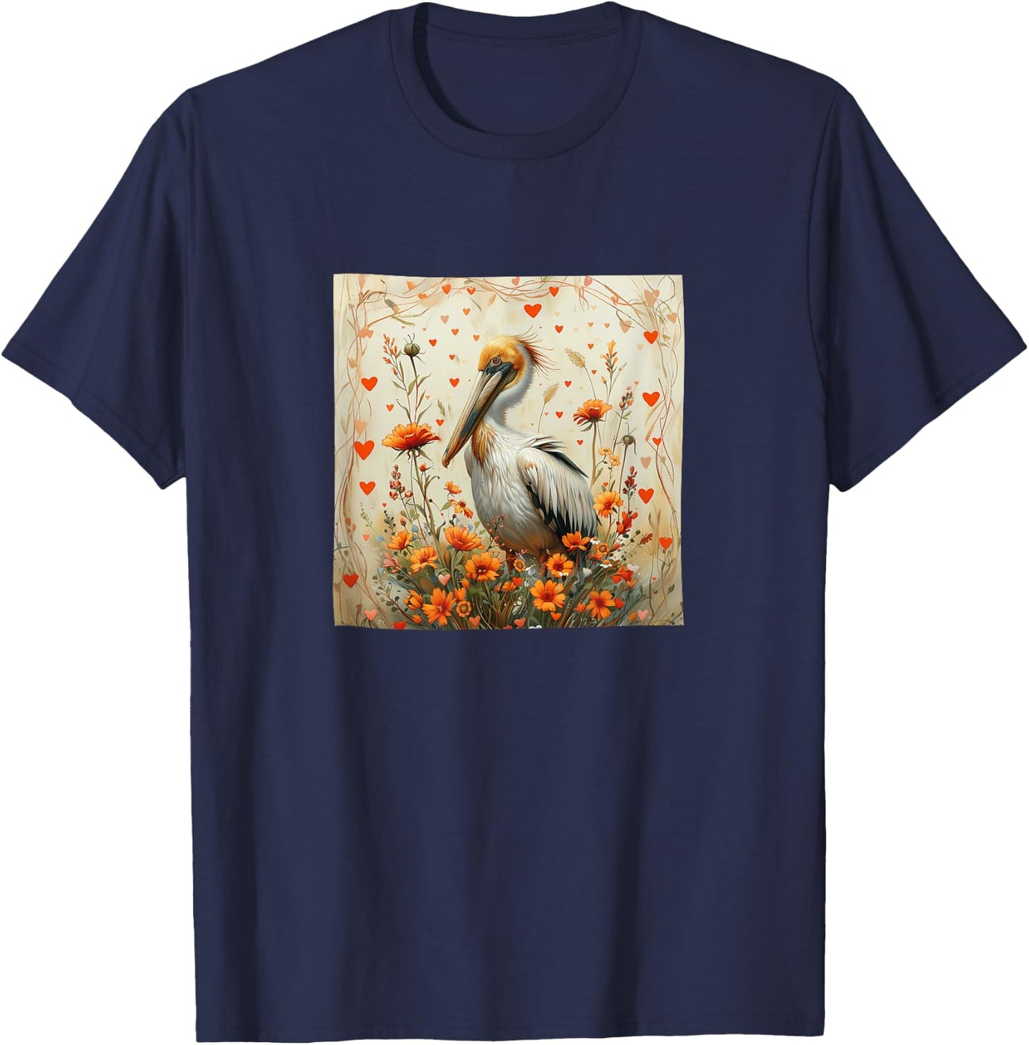 Pelican Flowers With Hearts Around Boho Style Graphic T-Shirt - T-Shirt | Navy
