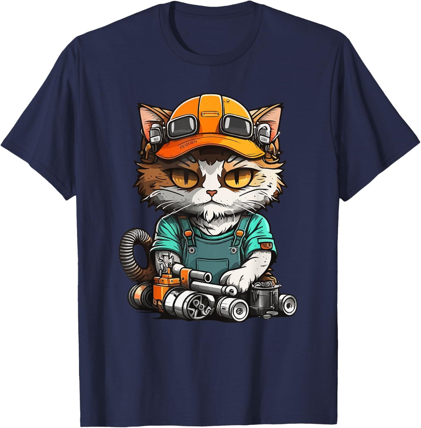 Manga Mechanic Cat - Repair Fun with Cat Flair T-Shirt - T-Shirt | Navy