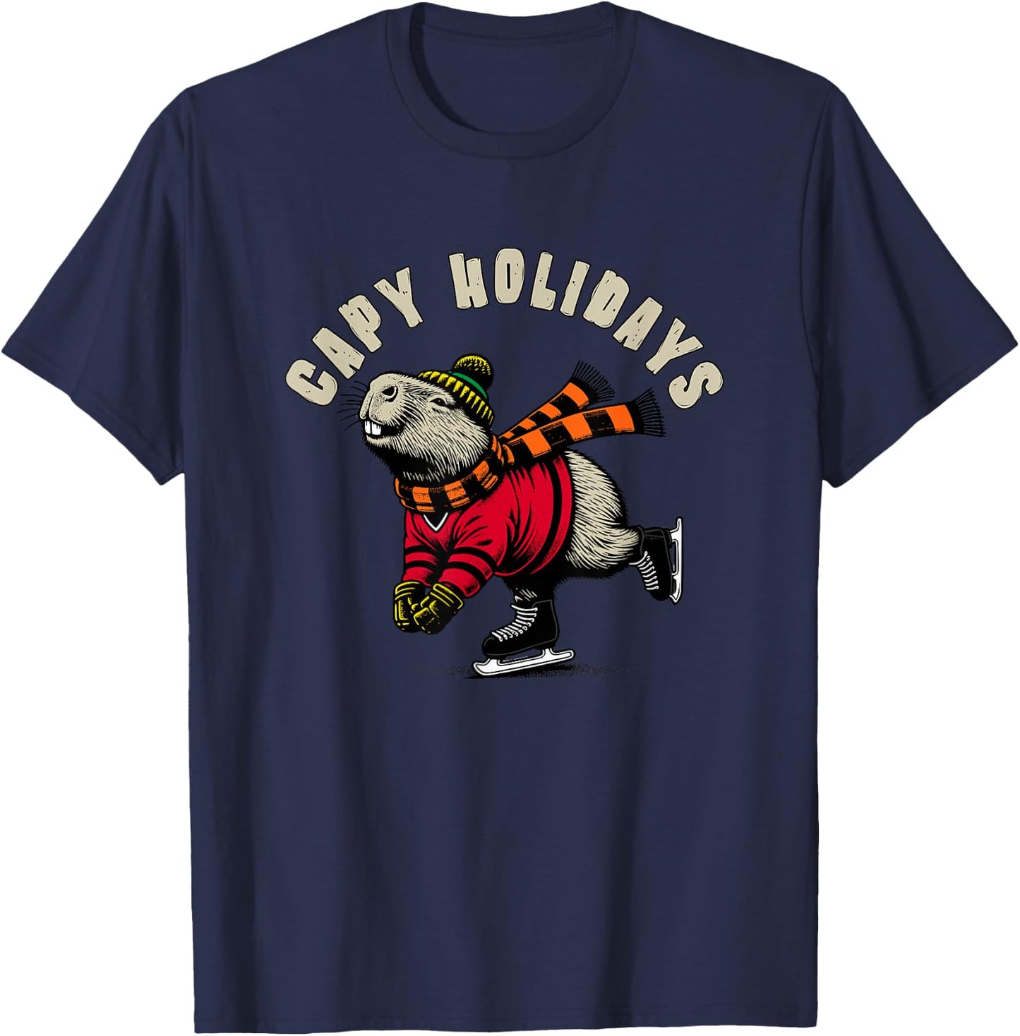 Funny Capybara Holiday Capy Holiday Ice Skating Capybara T-Shirt - T-Shirt | Navy