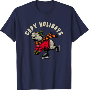 Funny Capybara Holiday Capy Holiday Ice Skating Capybara T-Shirt - T-Shirt | Navy