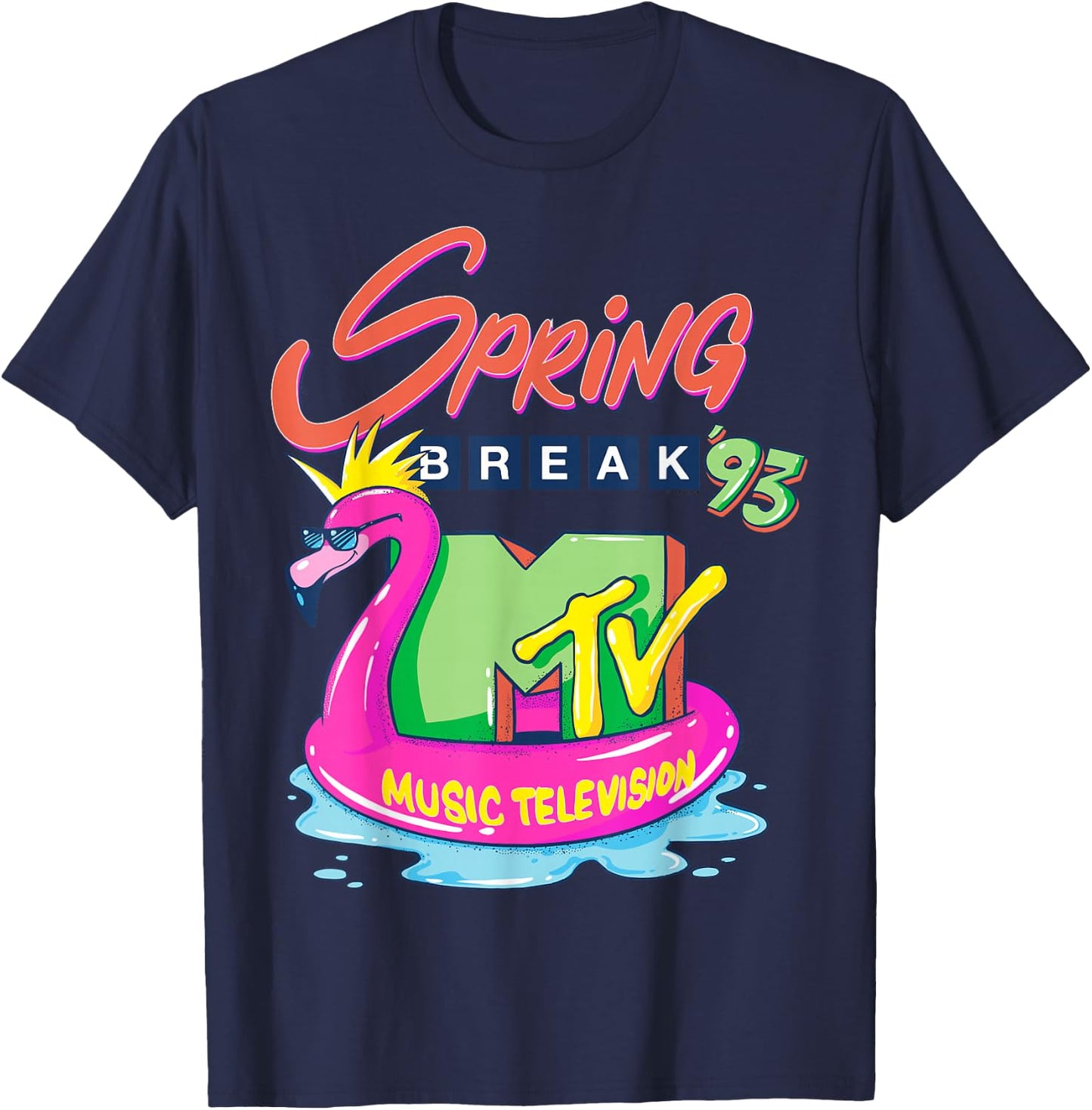 MTV Logo with Pink Flamingo Float - Spring Break '93 T-Shirt - T-Shirt | Navy