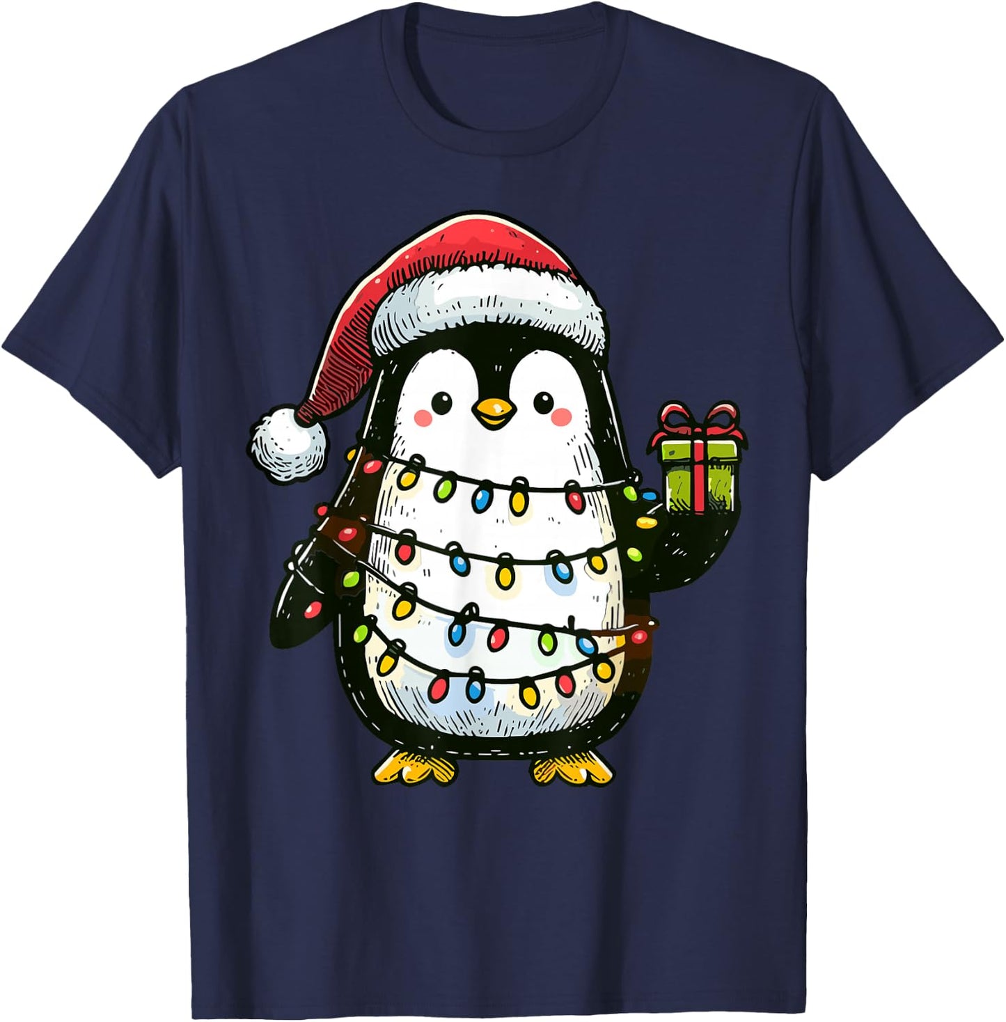 Penguin Wearing Santa Claus Hat Holding A Present Box Xmas T-Shirt - T-Shirt | Navy