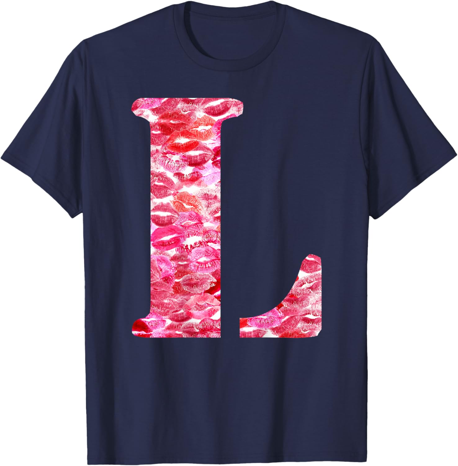 Back Print Only - Lipstick Kisses For Boyfriend Letter L , Black, S T-Shirt - T-Shirt | Navy