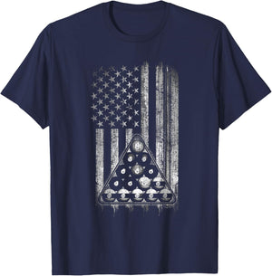 Pool Player American Flag Cue Stick and Billard Balls USA T-Shirt - T-Shirt | Navy