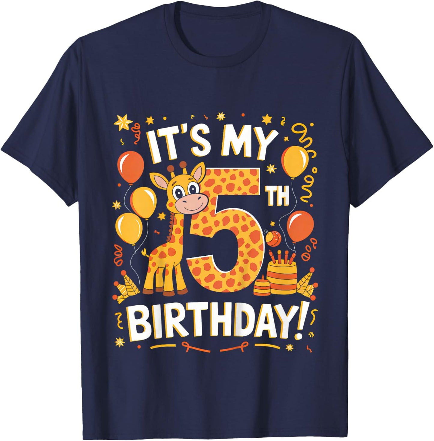 Kids Its My 5th Happy Birthday Giraffe 5 Years Old Party Toddlers T-Shirt - T-Shirt | Navy