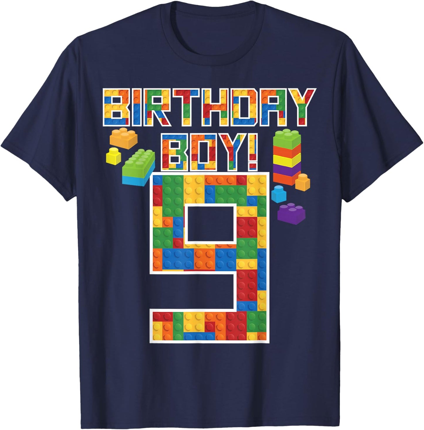 Cute 9th Birthday Gift 9 Years Old Block Building Boys Kids T-Shirt - T-Shirt | Navy