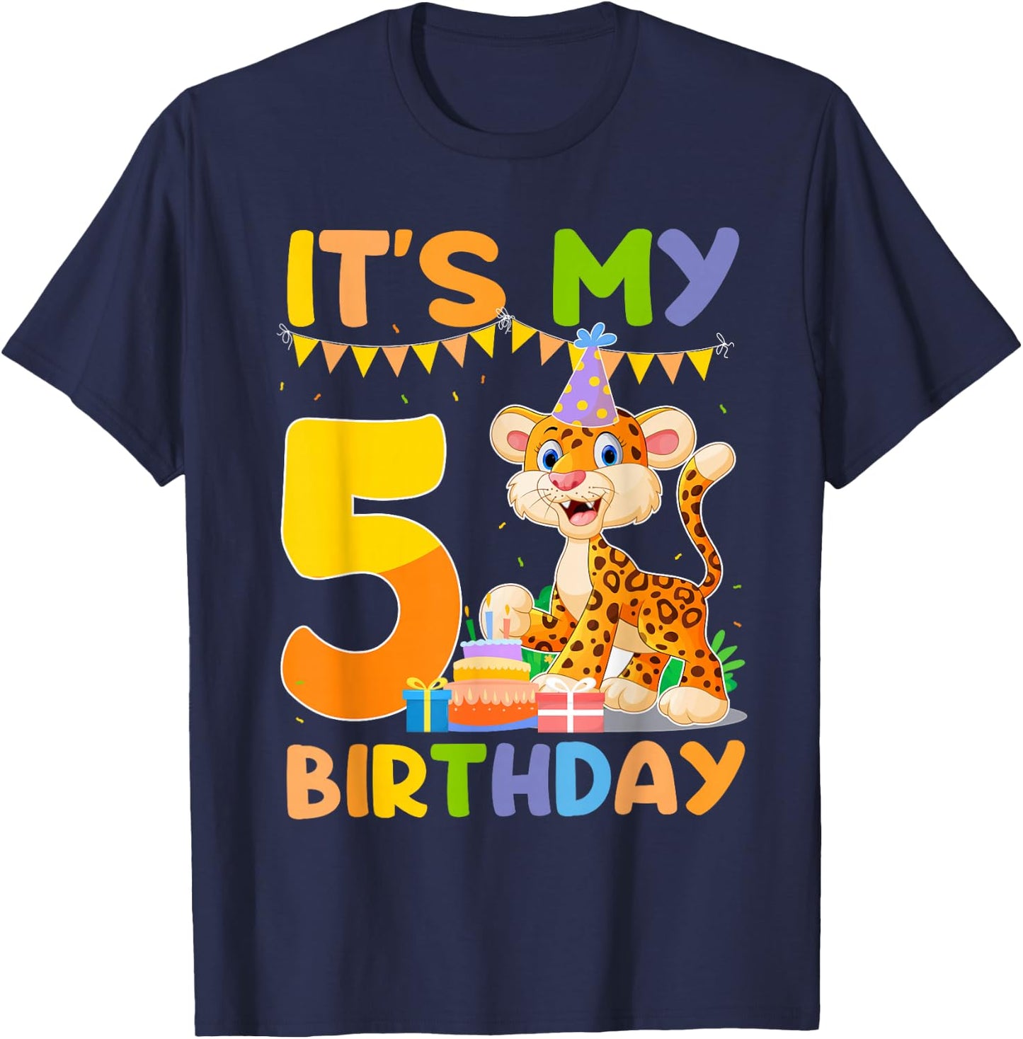 It's My 5th Birthday Leopard Cheetah 5 Year Old Birthday Par T-Shirt - T-Shirt | Navy