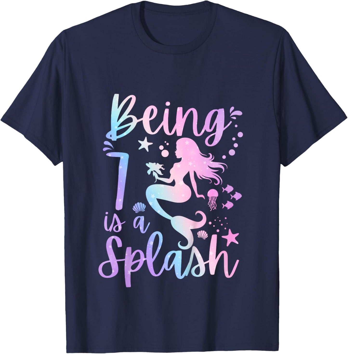 7 Year Old 7th Mermaid Birthday Under Sea Party Themed T-Shirt - T-Shirt | Navy
