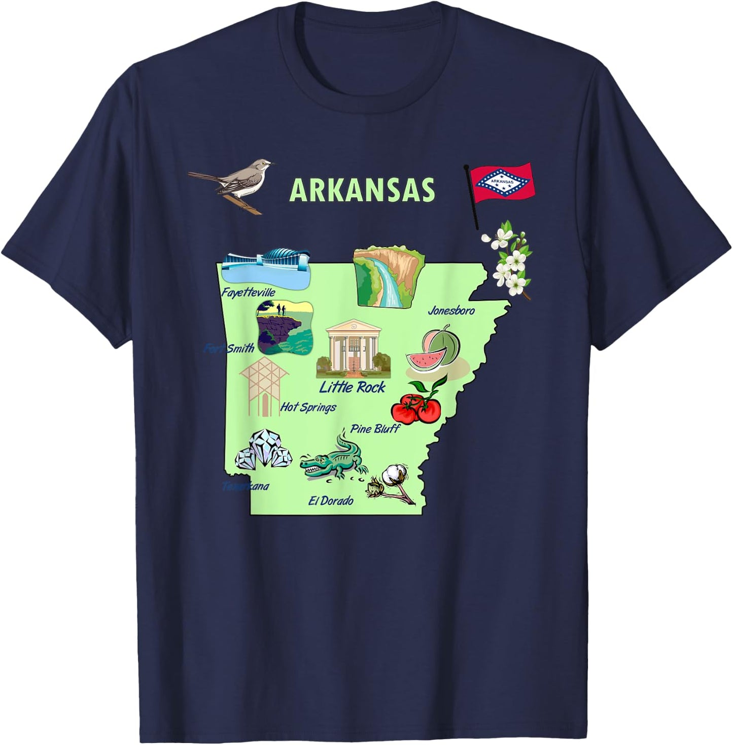 Arkansas state tourist map, landmarks, famous symbols, USA T-Shirt - T-Shirt | Navy