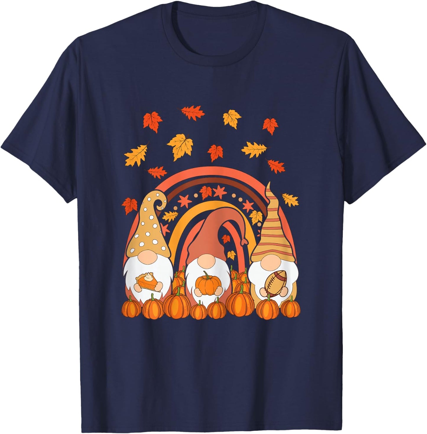 Thanksgiving Colorful Rainbow Pumpkin Fall Leaf Gnomes T-Shirt - T-Shirt | Navy