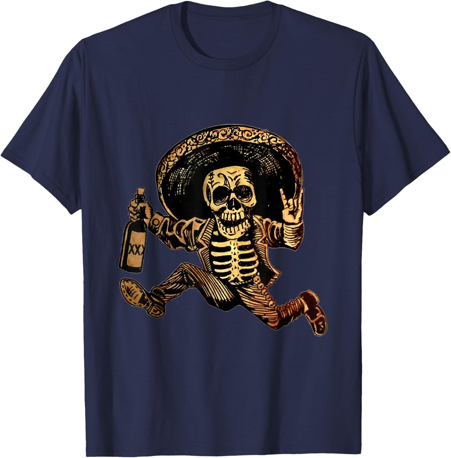 Rock And Roll Hand Skull Drinking Wine Funny Halloween T-Shirt - T-Shirt | Navy