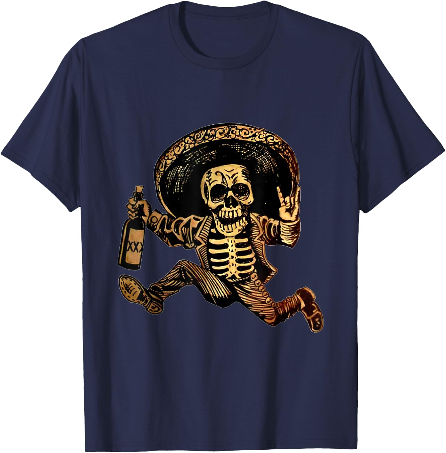 Rock And Roll Hand Skull Drinking Wine Funny Halloween T-Shirt - T-Shirt | Navy