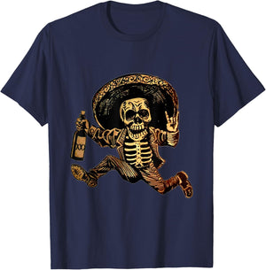 Rock And Roll Hand Skull Drinking Wine Funny Halloween T-Shirt - T-Shirt | Navy