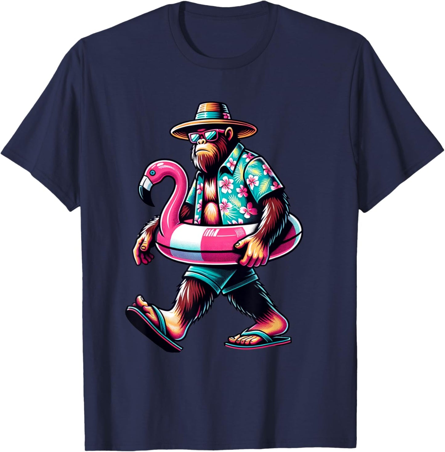 Bigfoot Pink Flamingo Aloha Pool Party Hawaiian Party T-Shirt - T-Shirt | Navy