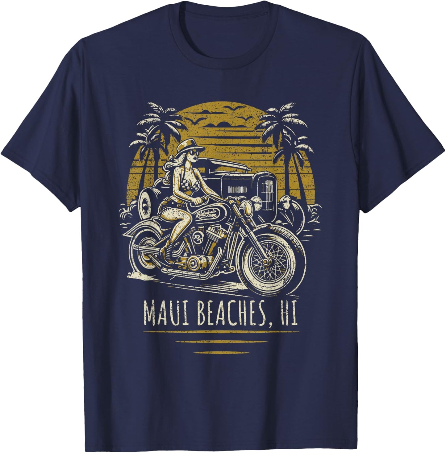 Maui Beaches Hawaii Motorcycle Hotrod Vintage Design T-Shirt - T-Shirt | Navy
