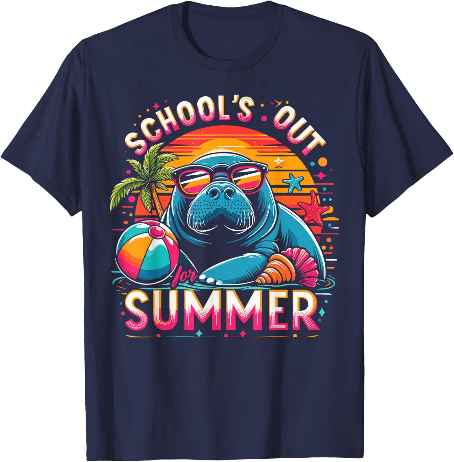 Retro Schools Out For Summer Teacher Girls Boys Kids Manatee T-Shirt - T-Shirt | Navy
