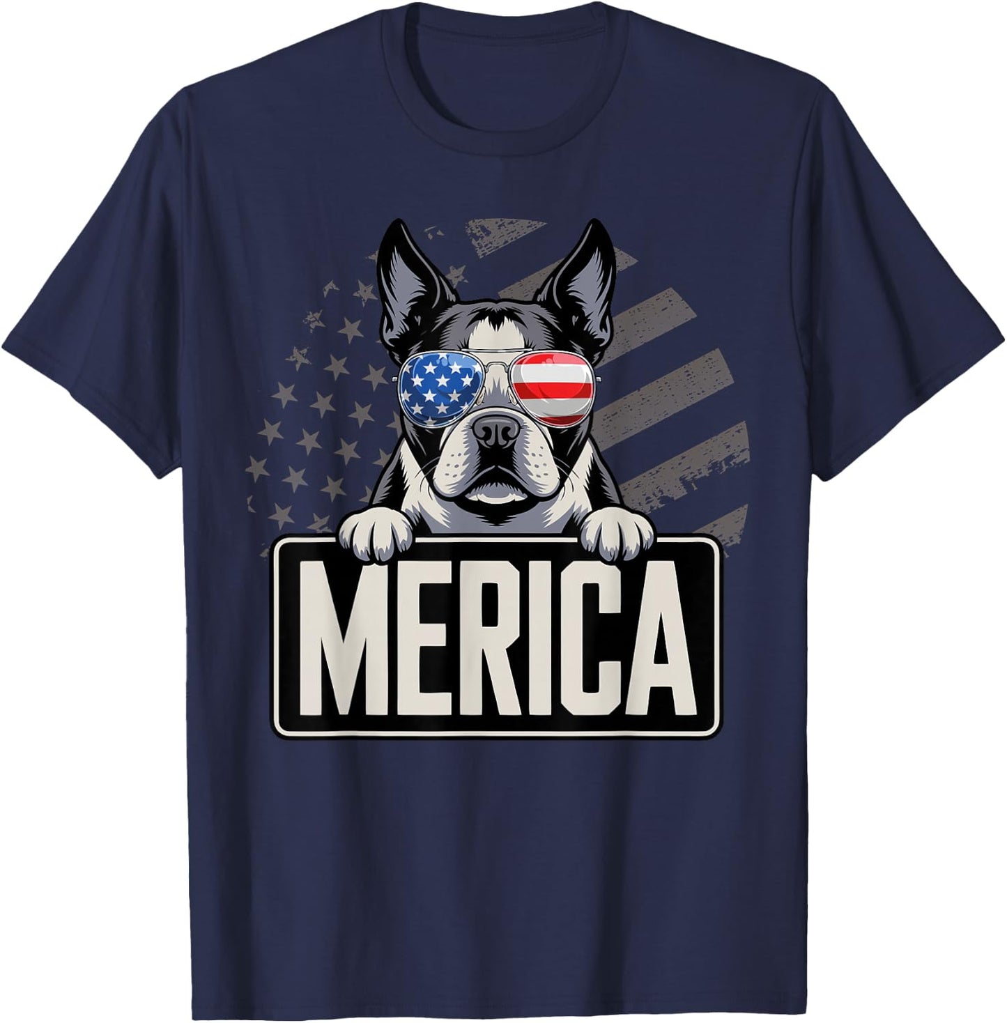 Boston Terrier Merica USA Flag T-Shirt - T-Shirt | Navy