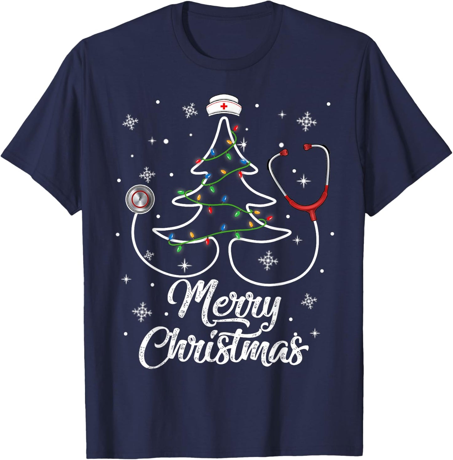 Merry Christmas Nurse Shirt Stethoscope Tree Lights Gift T-Shirt - T-Shirt | Navy