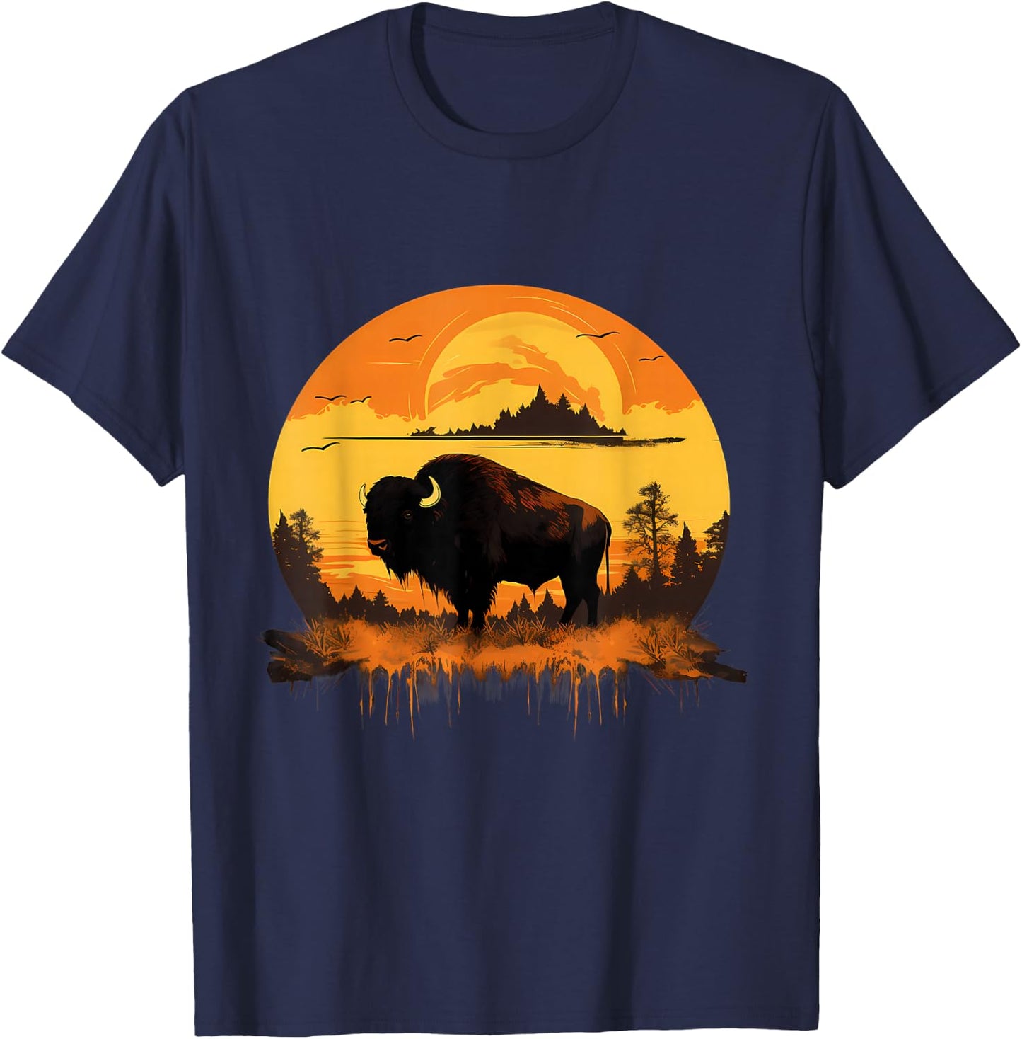 Buffalo Nature Sunset Bison Colorful Savanna Animal Art T-Shirt - T-Shirt | Navy