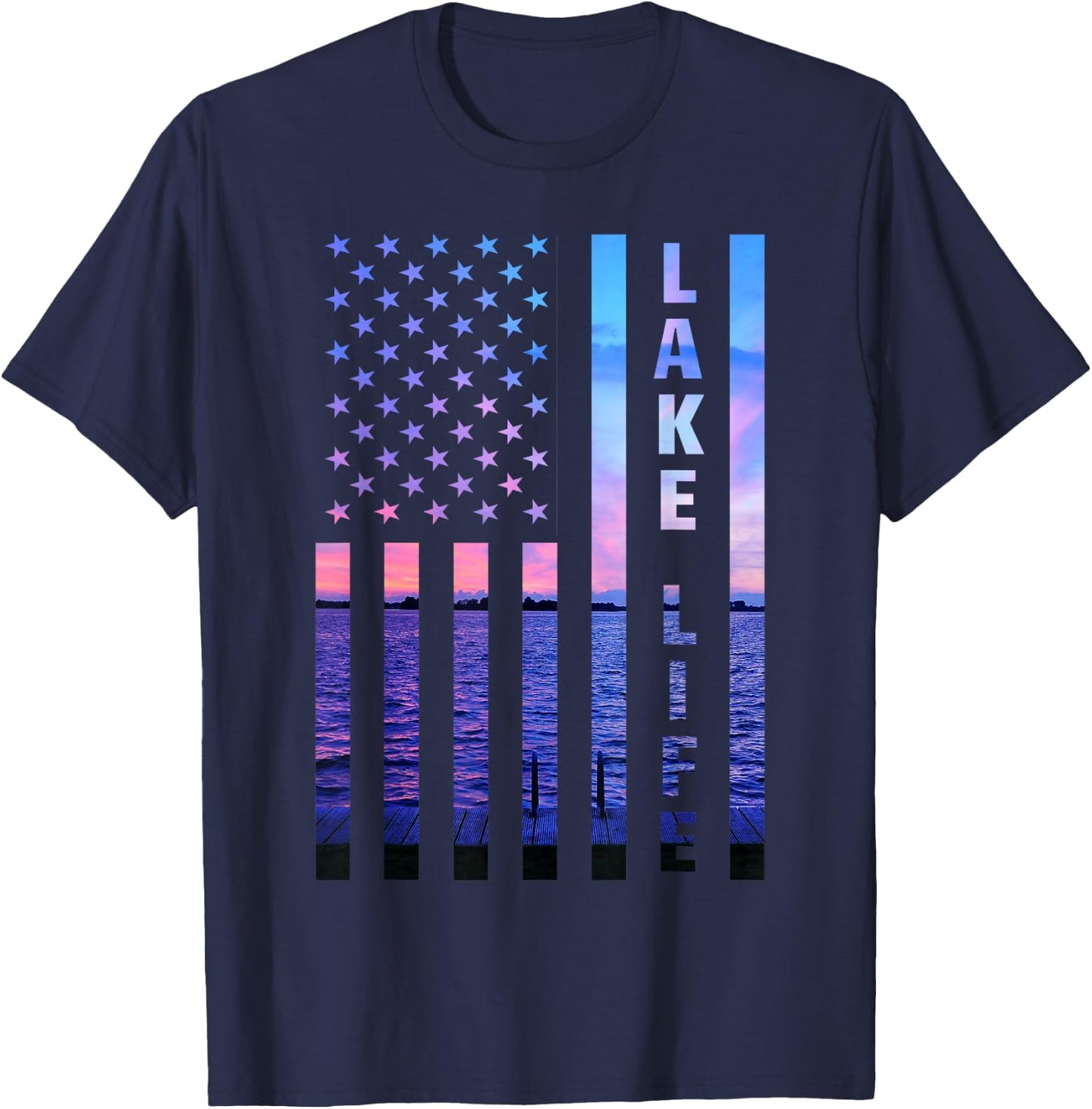 Lake Life American Flag Dock Sunset Wakeboarder Power Boat T-Shirt - T-Shirt | Navy