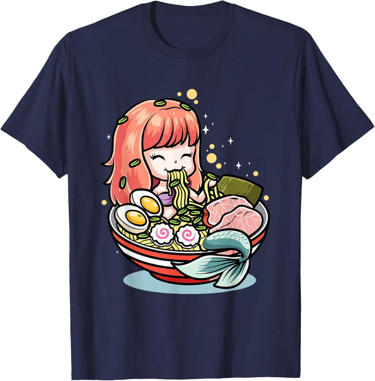 Cute Mermaid Eating Ramen Kawaii Noodle Bowl T-Shirt - T-Shirt | Navy