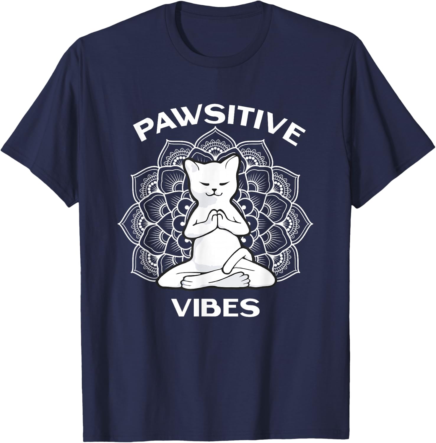 Zen Cat Zone Apparel Pawsitive Vibes Positivity Meditation Lotus Mandala Yoga Cat T-Shirt - T-Shirt | Navy