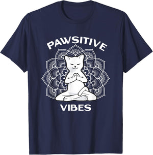 Zen Cat Zone Apparel Pawsitive Vibes Positivity Meditation Lotus Mandala Yoga Cat T-Shirt - T-Shirt | Navy