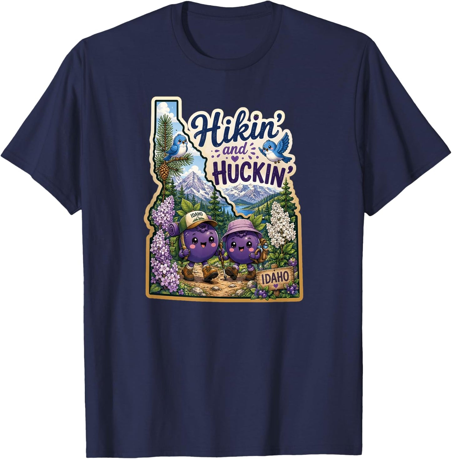 Idaho Hikin' and Huckin' Kawaii Huckleberry Adventure Design T-Shirt - T-Shirt | Navy