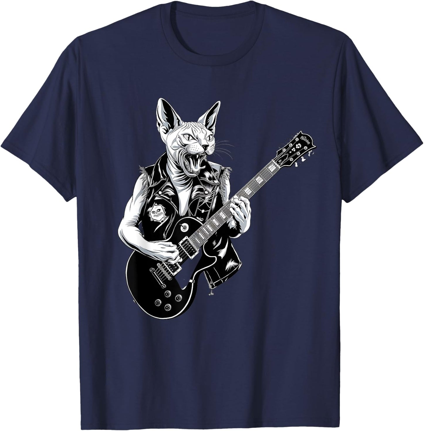 Rock Cat Playing Guitar Retro Sphynx Cat Guitarist Musicians T-Shirt - T-Shirt | Navy