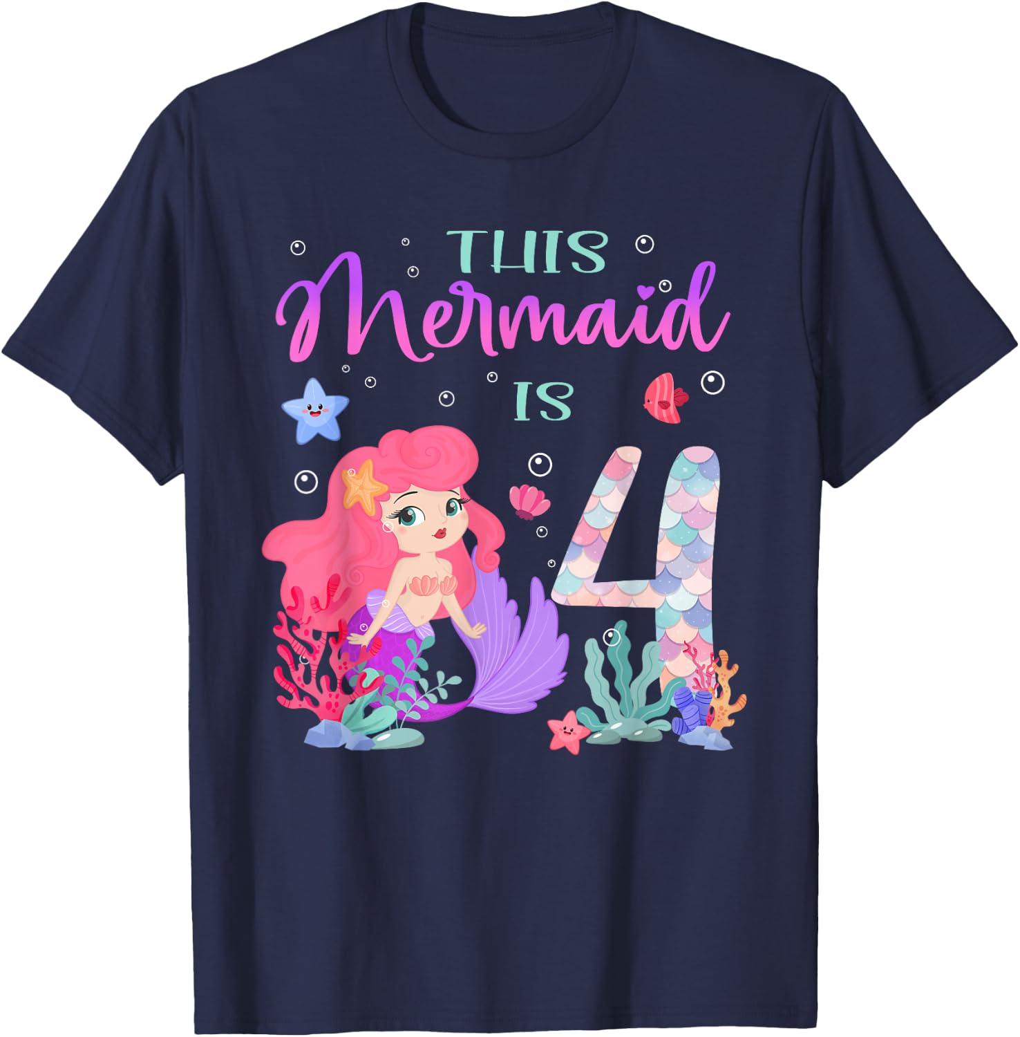 4th Birthday Cute Mermaid Girl 4 Year Old Birthday Party T-Shirt - T-Shirt | Navy