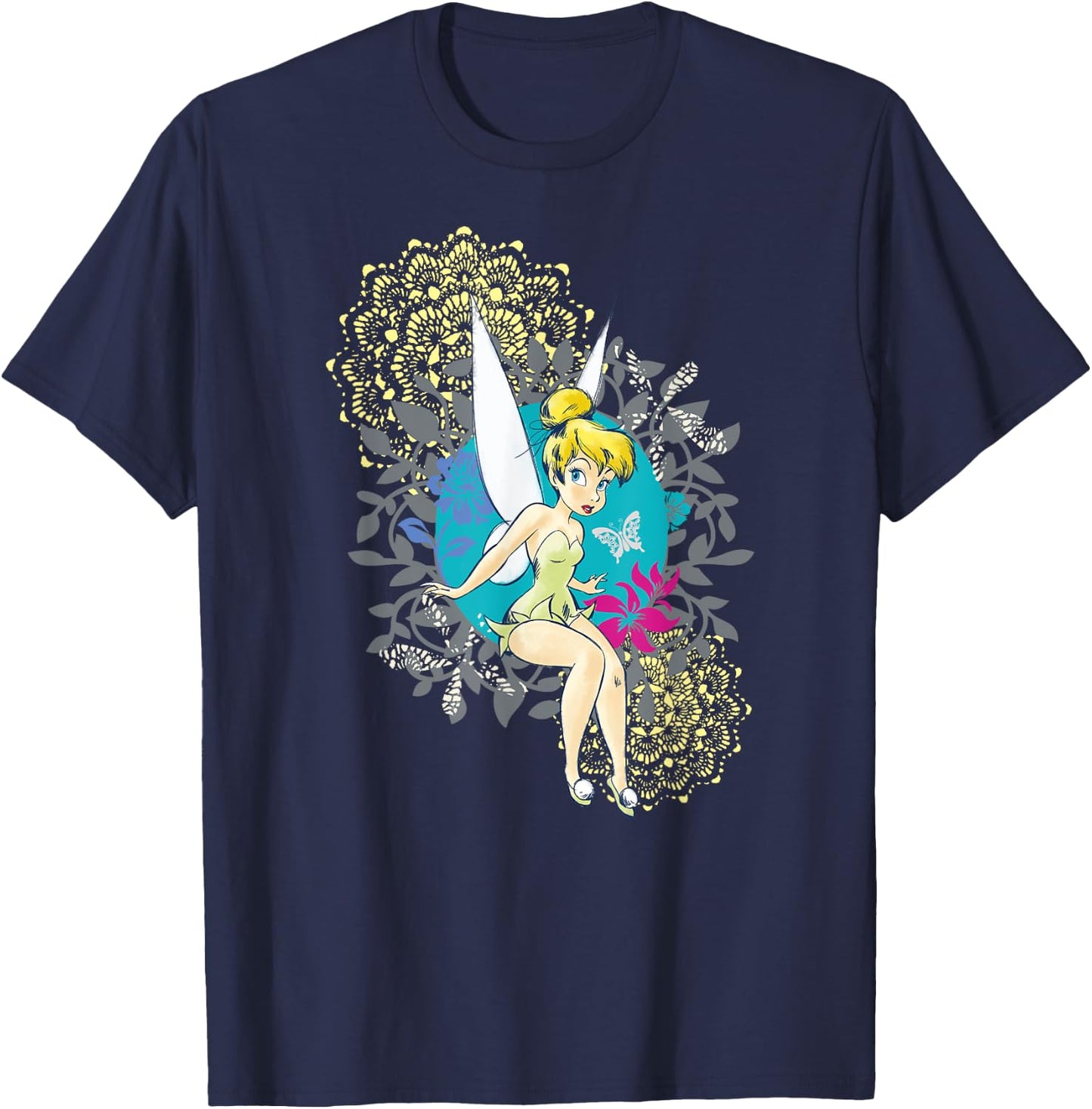 Tinkerbell Floral Pattern , Black, S T-Shirt - T-Shirt | Navy