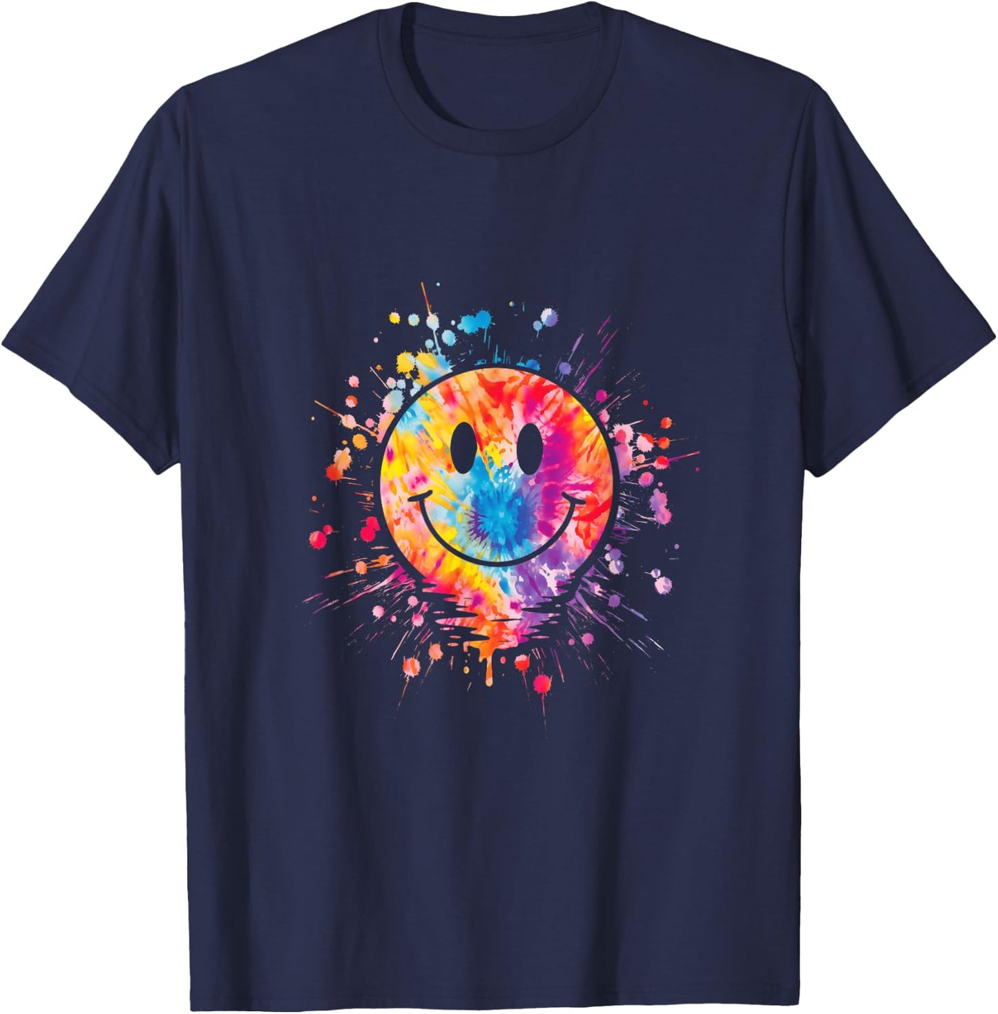 Retro Happy Face Rainbow Tie Dye Splatter 70s Peace Smile T-Shirt - T-Shirt | Navy