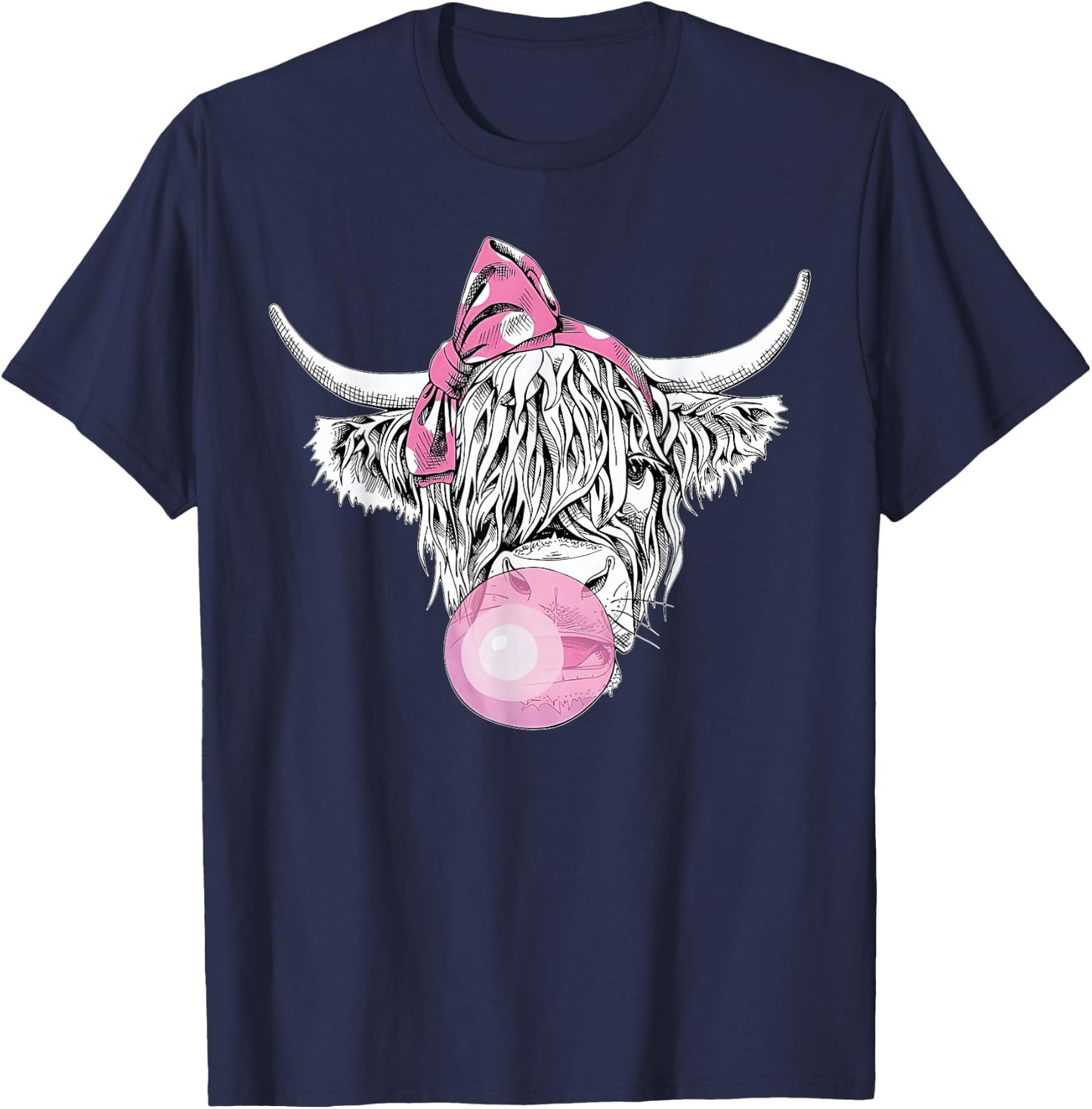 Bubble Gum Highland Cow Women Girls Heifer Farm Cow Lover T-Shirt - T-Shirt | Navy