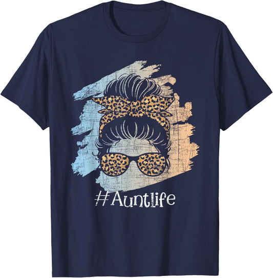 Aunt Life - Leopard Auntie Aunty Messy Hair Bun Niece Nephew T-Shirt - T-Shirt | Navy