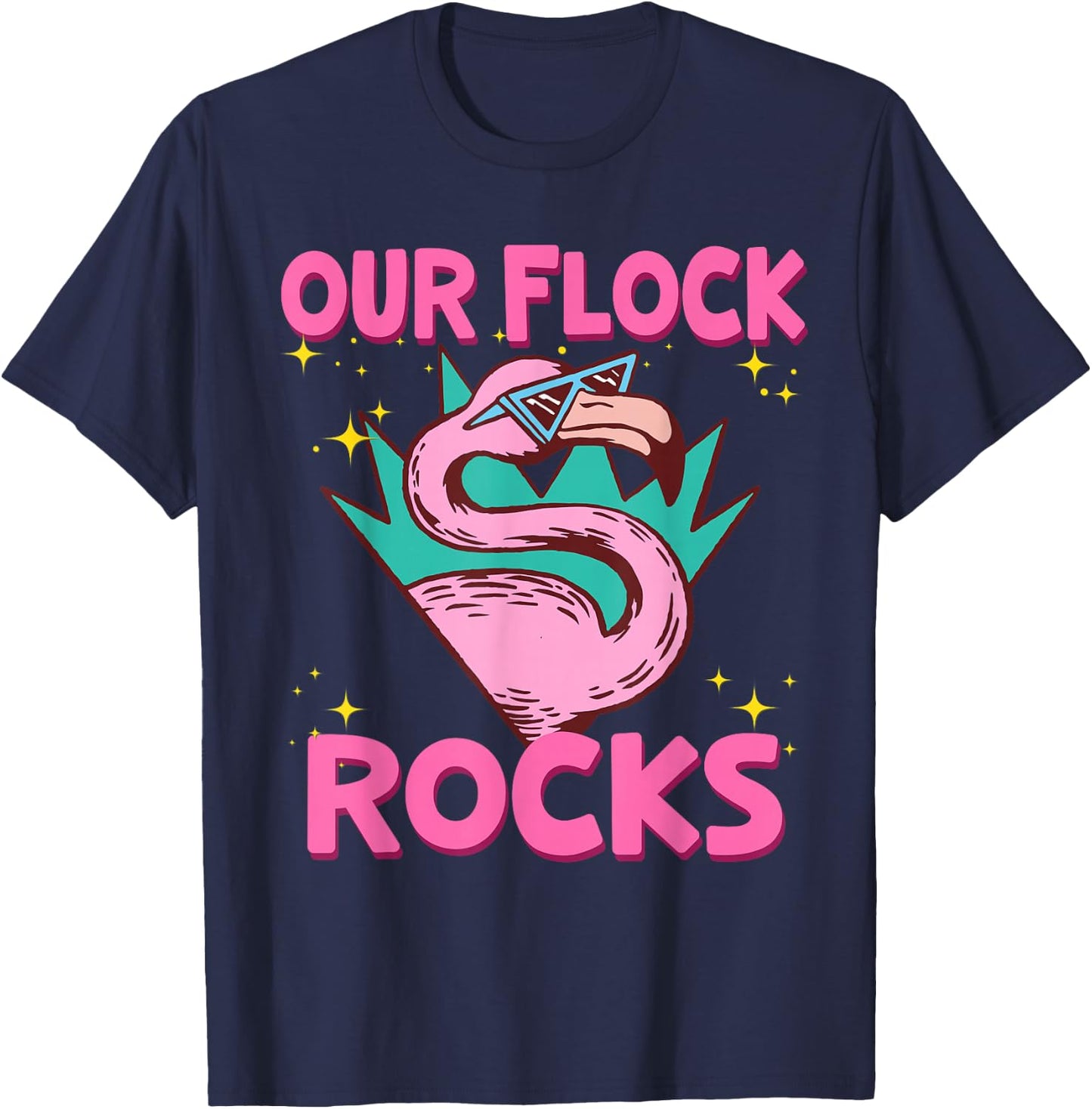 Our Flock Rocks Flamingo Matching Family Vacation Group T-Shirt - T-Shirt | Navy